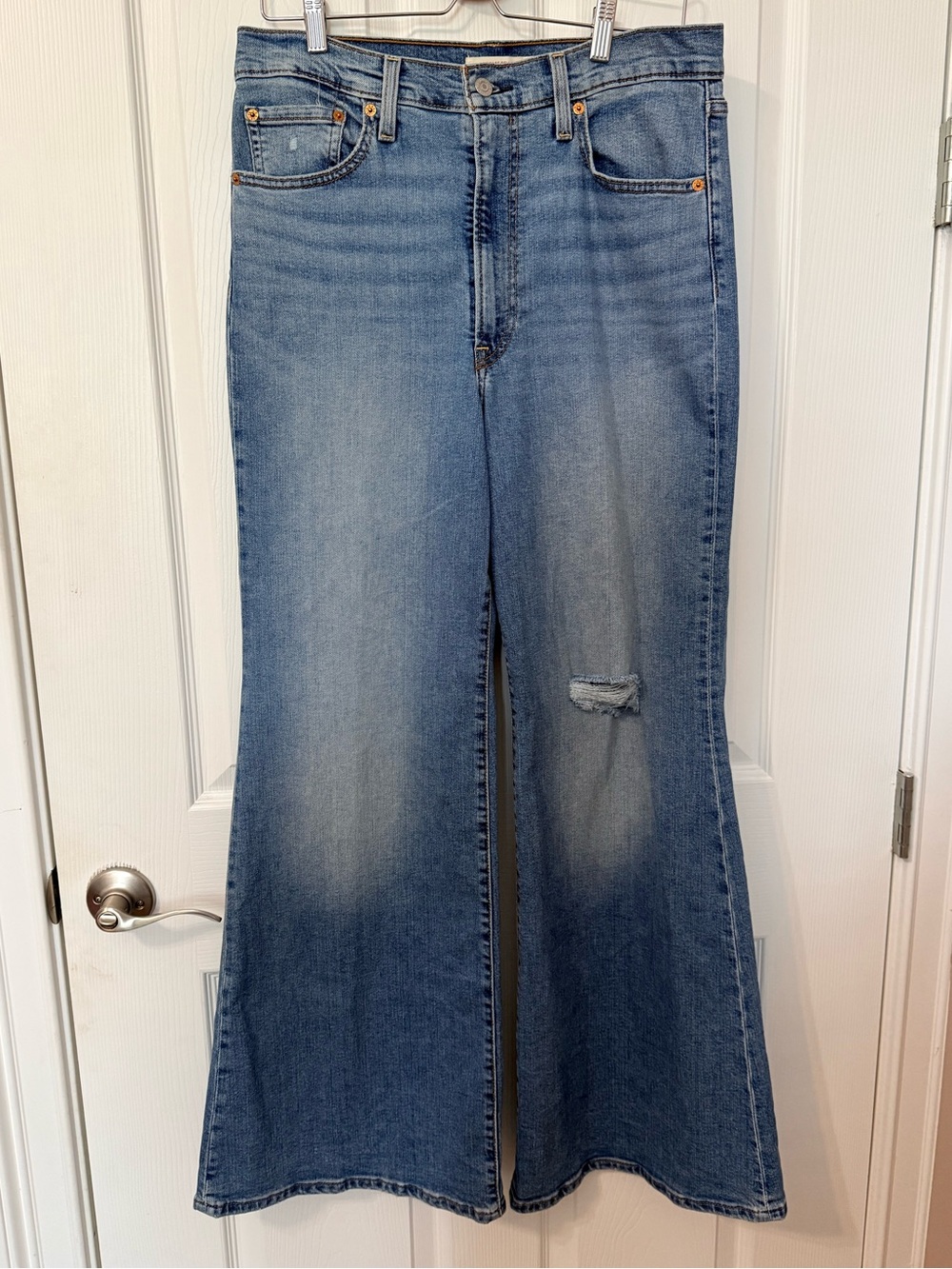 Levi's Ribcage Bell Light Blue High-Rise Wide-Leg Jeans with Knee Distress